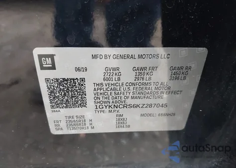 2019 Cadillac Xt5 Luxury из США, поврежденный, VIN 1GYKNCRS6KZ287045